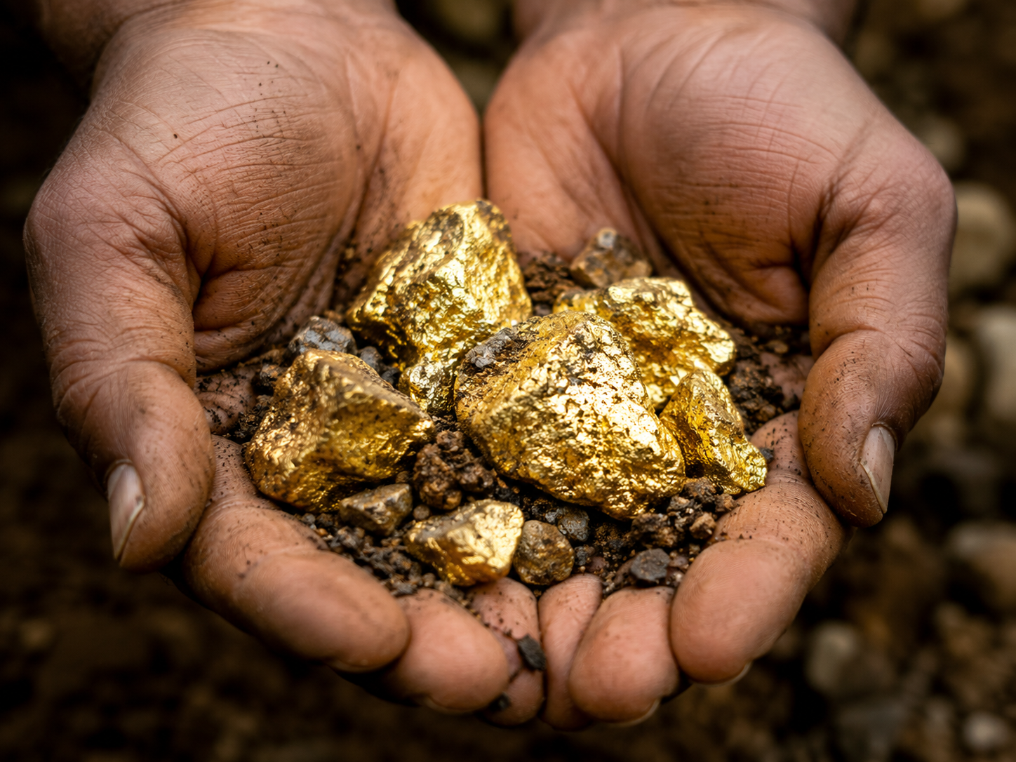 Hands holding raw gold ore